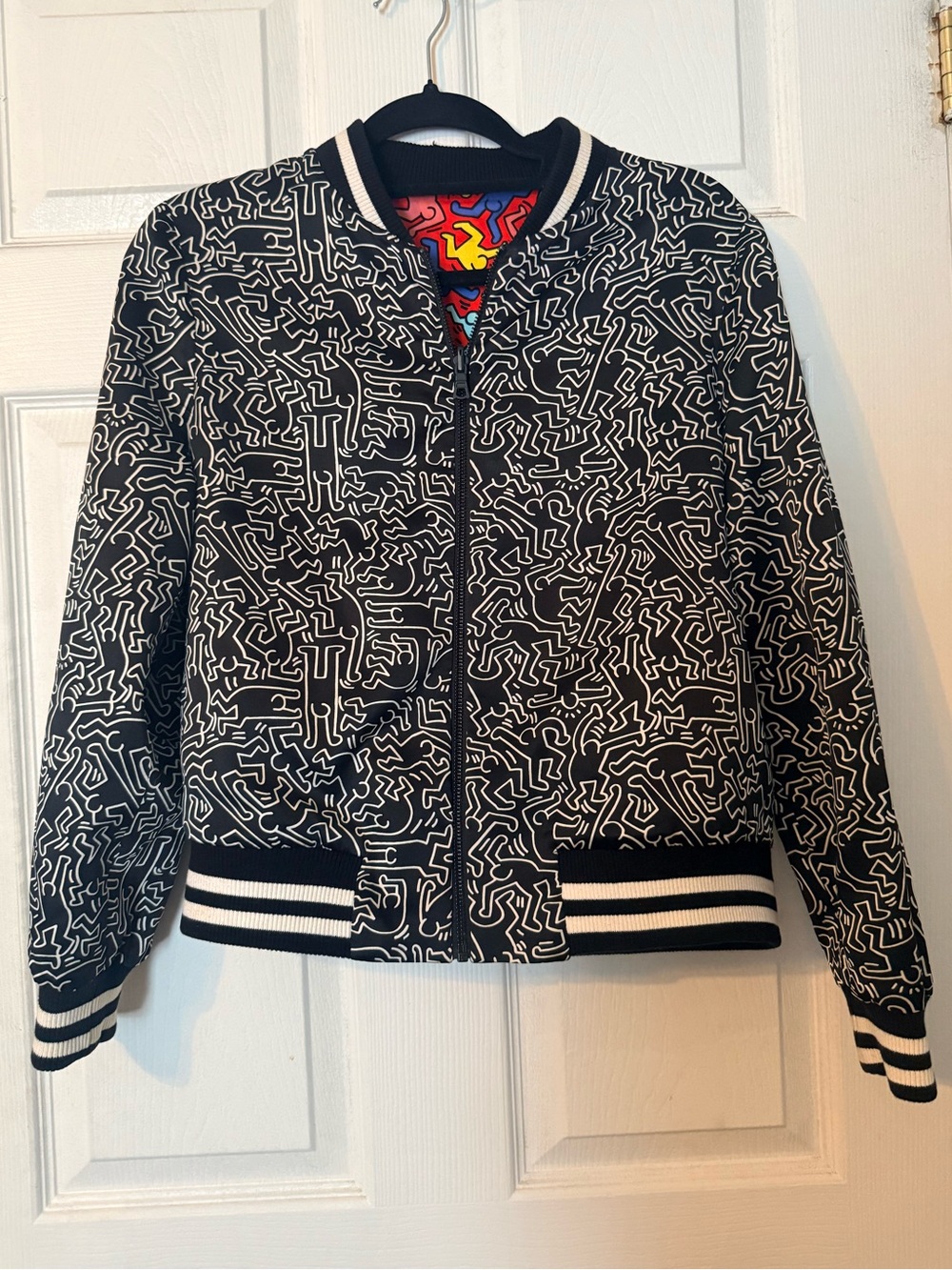Alice + Olivia x Keith Haring Lonnie Reversible Silk Bomber Jacket Emily Paris